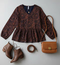 Navy & Rust Leopard Woven Babydoll Top