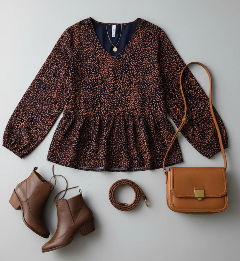 Navy & Rust Leopard Woven Babydoll Top