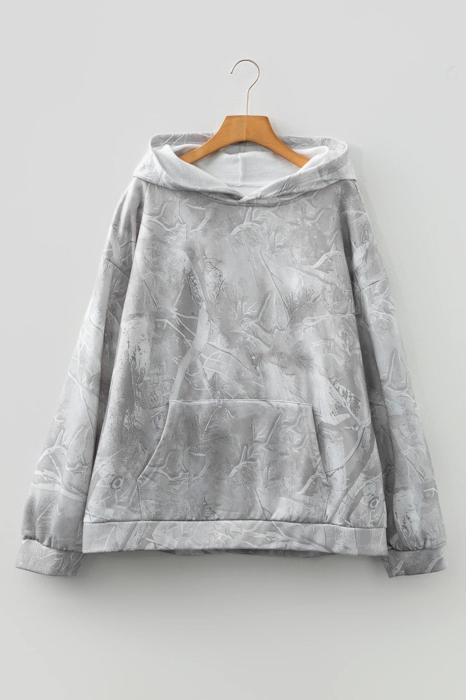 Gray Curvy Camouflage Woodland Print Hoodie