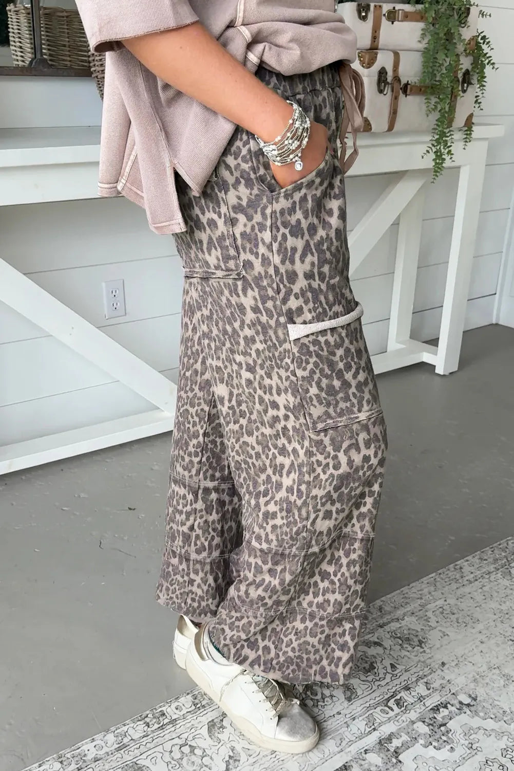 Curvy Leopard Print Raw Edge Patch Drawstring Pants