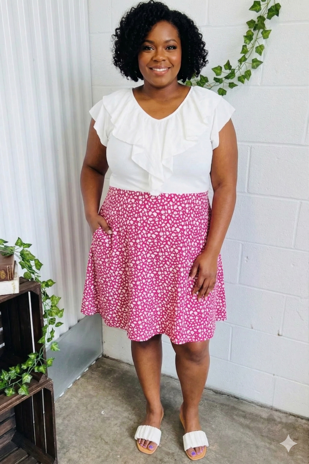 Fuchsia Leopard Two Fer Ruffle V Neck Woven Dress