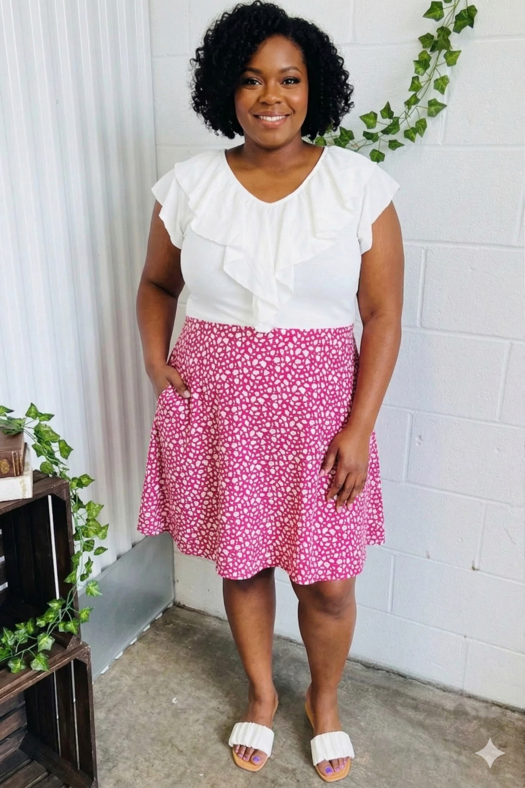 Fuchsia Leopard Two Fer Ruffle V Neck Woven Dress