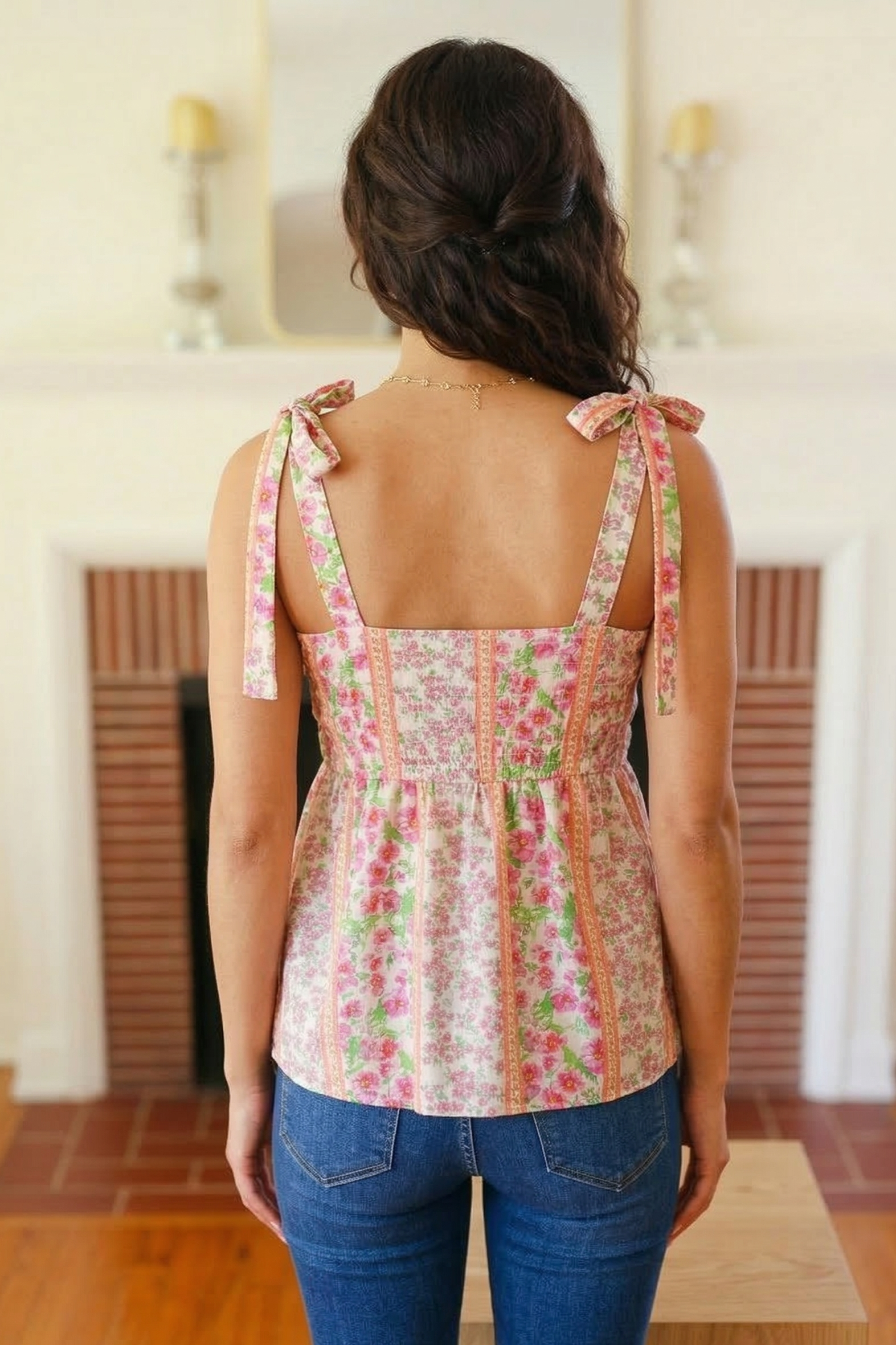 Ivory & Fuchsia Floral Smocked Shoulder Tie Top