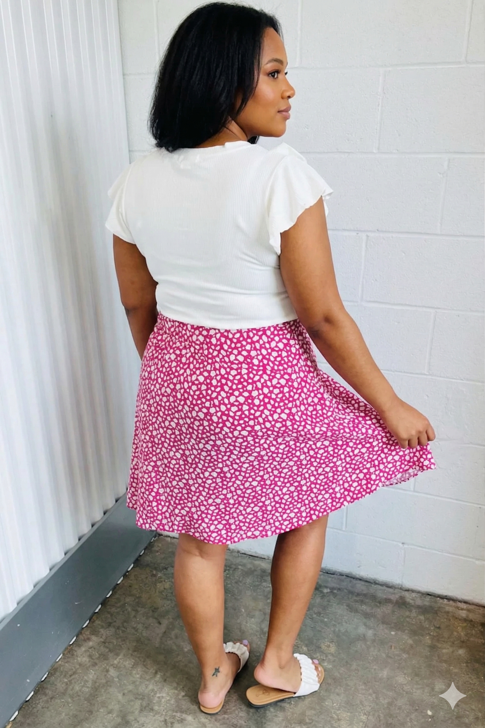 Fuchsia Leopard Two Fer Ruffle V Neck Woven Dress