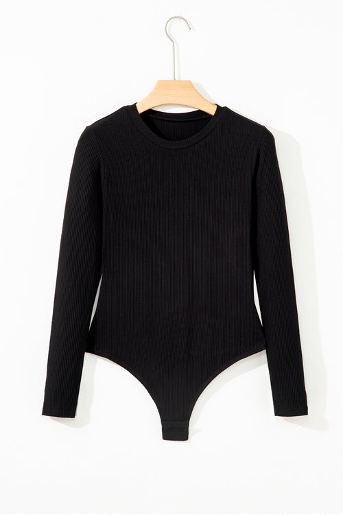 Black Ribbed Long Sleeve Crew Neck Bodysuit