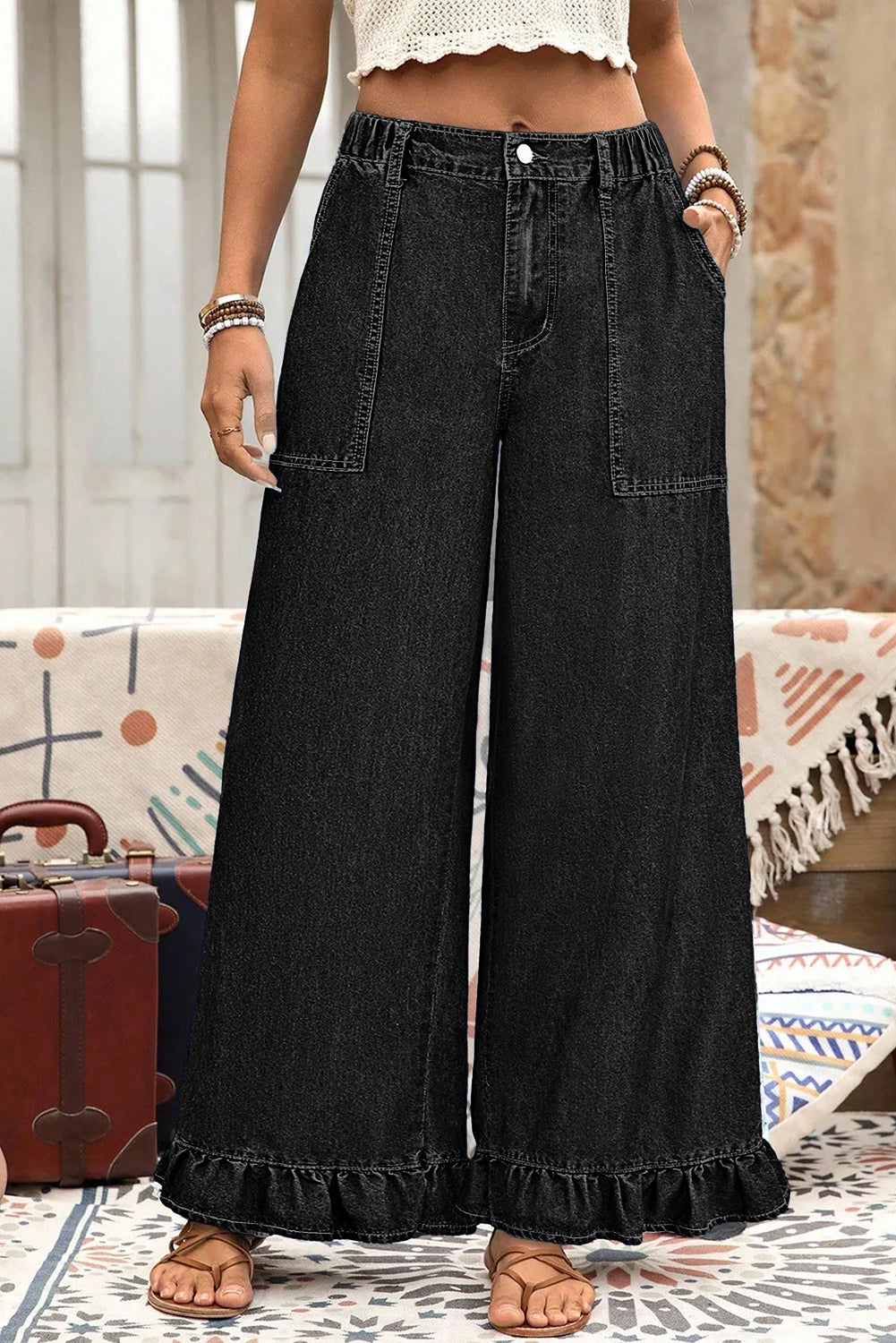 Ruffled Wide Leg Denim Like Pants