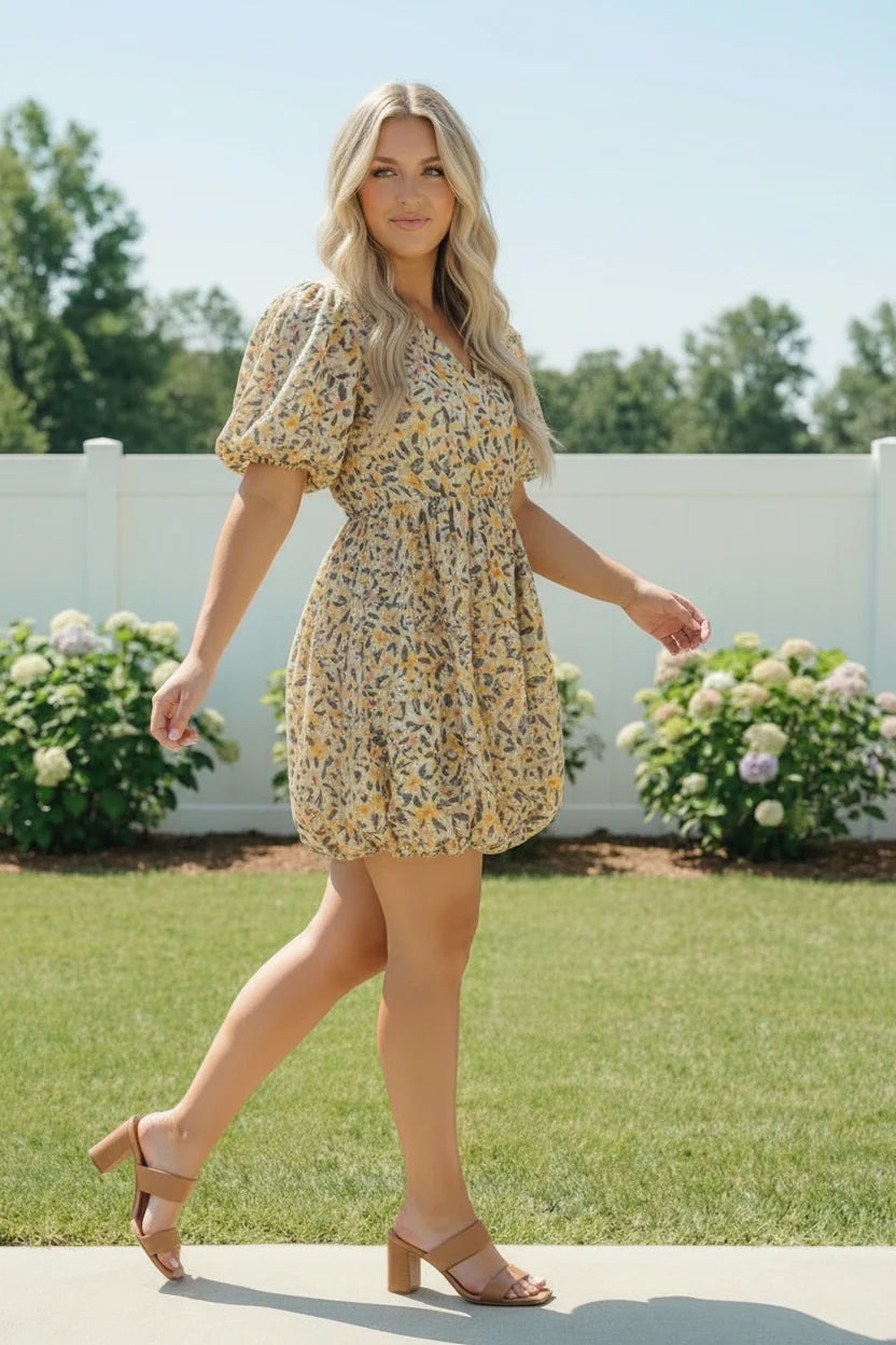 Plus Yellow Floral Woven Bubble Dress