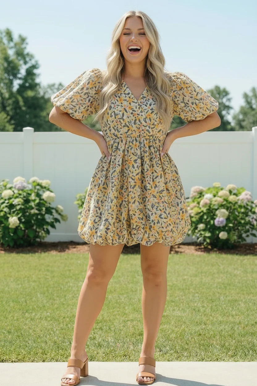 Plus Yellow Floral Woven Bubble Dress