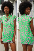 Green Animal Print Bow Tie Flutter Sleeve Top
