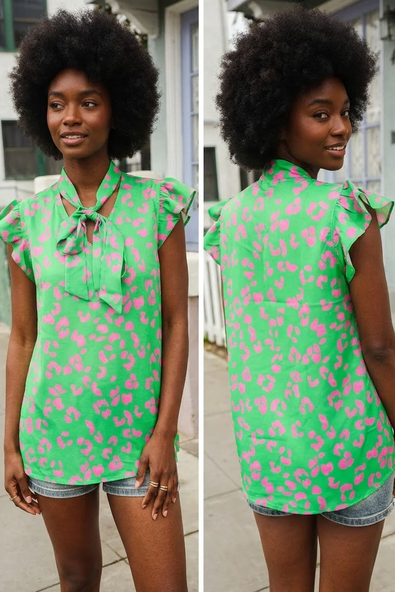 Green Animal Print Bow Tie Flutter Sleeve Top