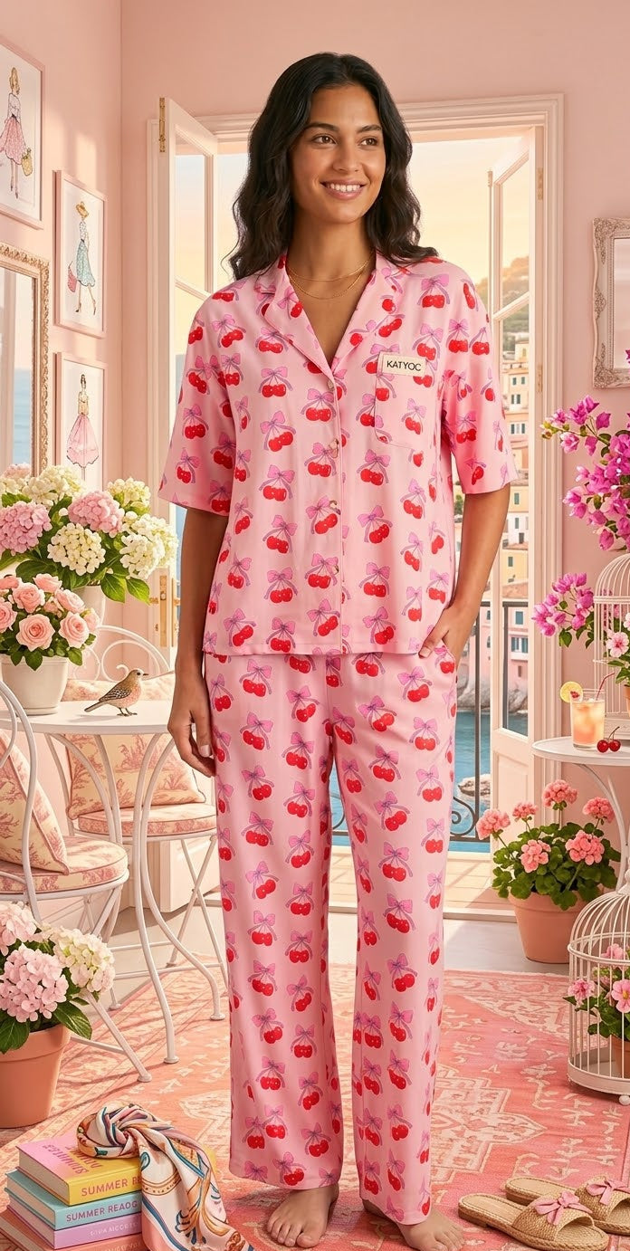 Cherry bow pajama pants set